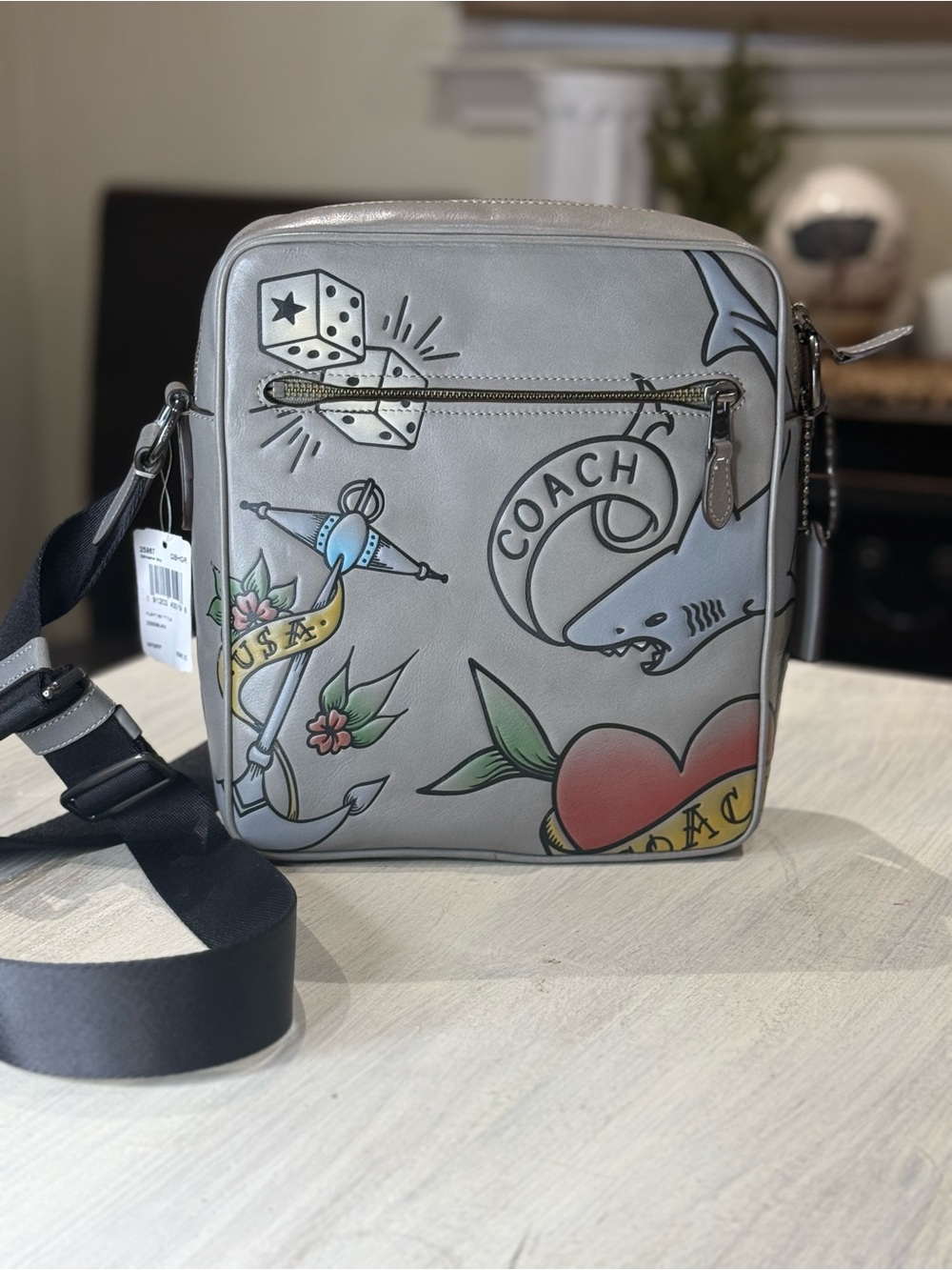 Coach Gray Leather Messenger Bag with Multi-Color Tattoo Graphics